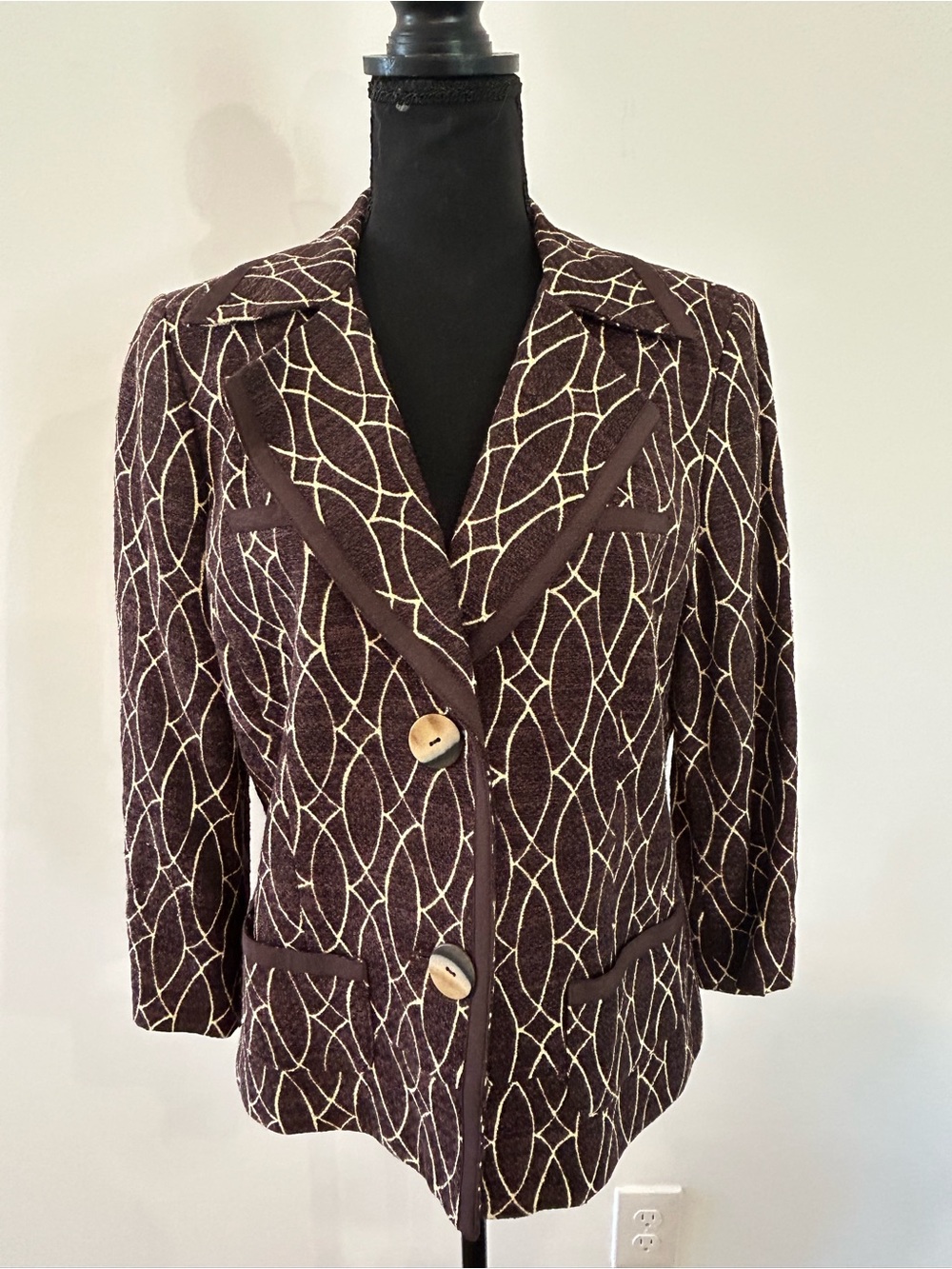 Vintage Sigrid Olsen Collection Blazer Size 10 Brown Cream Geometric Jacket